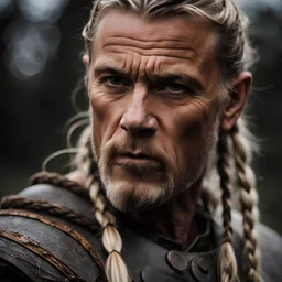 portrait of a 50-year-old viking ,blonde beard with grey highlight and long blond hair with Two small braids. Rugged face with a scar on his cheek.