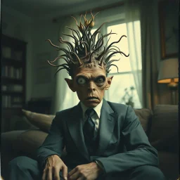 Close-up polaroid of ultra realistic odd monster, part man, part plant, and part animal in a living-room, vivid, ultra realistic, Egon Schiele, hypermaximalist figures, light, Italian 1970's odd movie, hilarious, fine art, Minicavio Quollati style, photography by Marlost Endgulp, dark atmosphere, obsessive, 4k, sharp focus, 3d, photorealism