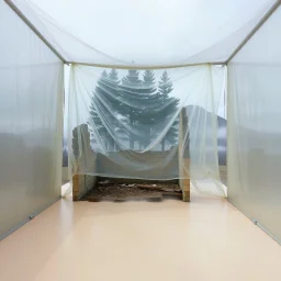 A Hasselblad H6D-400c photo of an odd room with structures. A transparent tarpaulin covers an image resembling a ruined building. There is a group of fir trees in the background and a high hill in the distance. The surface below is in a pastel color. Fog is present.