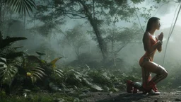 futuristic woman kneeling next to a spaceship, fixing equipment, in a jungle clearing