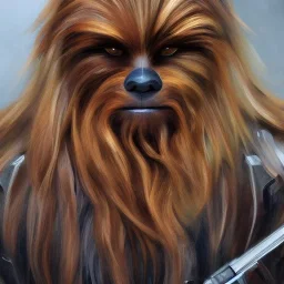 photorealistic and intricate portrait of chewbacca in star wars by Agnes Cecile, wearing beskar armor, deep dark colors, hyperdetailed, 32K, oil on canvas,