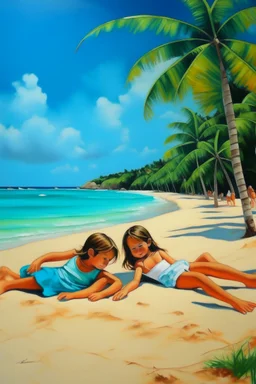 tropical beach two childeren and a woman lying paining