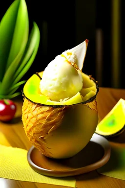 A tropical milkshake with a blend of coconut, pineapple, and mango, served in a coconut shell with a paper umbrella and a sprinkle of toasted coconut flakes.