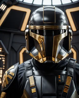 star wars bald male corellian pilot wearing dark gunmetal grey and black First Order special forces TIE pilot armored flightsuit and helmet with gold trim inside the jedi temple, centered head and shoulders portrait, hyperdetailed, dynamic lighting, hyperdetailed background, 8k resolution, volumetric lighting, light skin, fully symmetric details