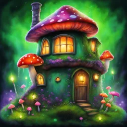 mushroom house on a floating green space island. Bright Crystals protrude from under island. The A lantern casts light on the door. wispy green smoke rising from a chimney. Bold Bright Colors, Stark Dark background. Fantasy Style. High Quality, Painterly, Whimsical, Fun, Imaginative, Bubbly,