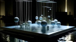 Architectural model on water, of a design made with vertical posts that support inhabited cubicles and luminous spheres