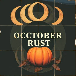 gnarly scrapbook composition, grainy photography, Bacchus-punk, dark pastel autumn colors, text "OCTOBER RUST", surreal, nihilistic, type O pumpkin, wolf moon, meandering time dilation across multiple crescent panels, dark negative space, minimalism, low contrast,