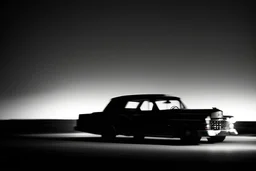 Coche Cadilac americano en mitad de la noche tan sólo iluminado por una farola y los faros del coche, imagen en blanco y negro vaporoso, imagen al estilo del fotógrafo Hugo Alonso