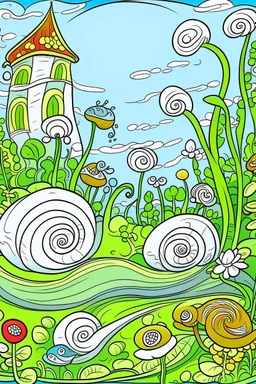 Outline art, snails in the garden, cartoon style, low detail, --ar 9:11