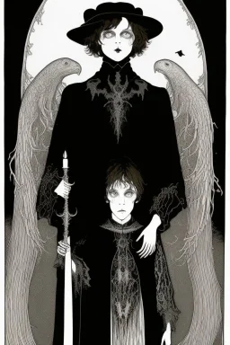 7 year old boy, necromancer, friendly, looks dead,with a long lamprey emerging from his belly , wearing black robes, in the style of Harry Clarke