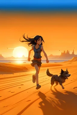 A black haired bronzed girl running on a sandy beach at sunset with her dog. The dunes are sandy. Draw it all in the style of Horizon Zero Dawn