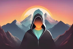 generate the app store logo of an app with an icon of a hooded-up person with a background of a mountain and sunset. Make it as though its an appstore logo