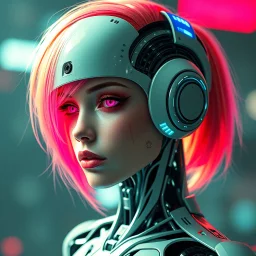 a cyberpunk female android robot, bright hair, futuristic, dystopia