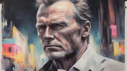 Clint Eastwood Stocholm city oil paiting by artgerm display style style dream, symptom, image artgerm display style punk anarchists Gustav Klimt style artgerm display in the Miami Vice the 2024th century