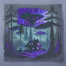 a dark forest with a house in the distance and a ufo in the sky cezanne style black and purple