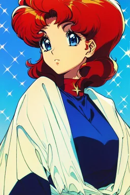 1girl, retro anime, 80's, redhead,Portrait of beautiful woman, sparkling dark blue eyes,