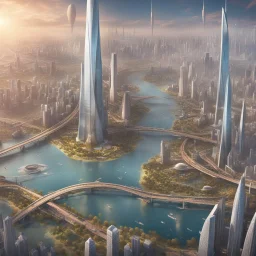 Aerial view of city on a (((twin planet))) of Earth in another galaxy, showing a diverse community. The skyline is dominated by tall skyscrapers with modern futuristic architectural designs, the streets are filled with people from diverse backgrounds. In the distance, a majestic bridge crosses a river and connects the city with a beautiful park on the other side.