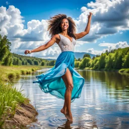 full body shot of very beautiful lady dancing in country side , curly hair ,next to small clean water river,pretty clouds in blue sky