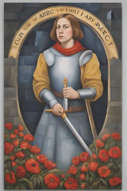 Portrait Art **Featured Art:** Community Mural: Collaborate with the community to create a mural celebrating Joan of Arc's legacy. Invite people of all backgrounds to contribute their own interpretations of her story and its relevance to contemporary issues of civil and labor rights. The mural could serve as a symbol of unity and collective action. **Appearance:** portrait of Joan of Arc (a patron saint of France, honored as a defender of the French nation for her role in the siege of Orléans an