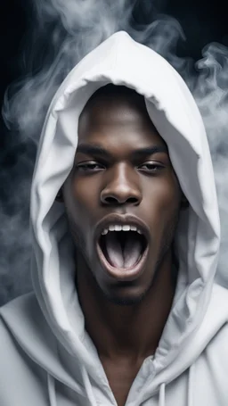 beautiful black women in white Smokey ethereal, heavenly background, portrait of a hooded young man open mouth screaming