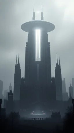 A giant city buldings and towers with big buildings .and a lot of people A mystical scene with ethereal light illuminating a dark landscape filled with shadows and whispers.A gint ufo spaceship in the dark gray sky