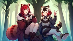 Two Girls, red hair, raccoon ears, raccoon tail, raccoon muzzle on face, forest, sit on tree, raccoon paws on hand, paws on foot, coat on neck,with tongue out