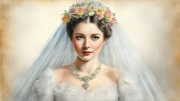 old postcard, white background, bride, colored pencil drawing, 3d, 64k, high resolution, high detail, computer graphics, hyperrealism, f/16, 1/300 sec. digital painting, double exposure,