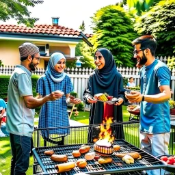 شباب مسلمين مبتهجون يقيمون حفل شواء في حديقة المنزل صورة واضحة ودقيقة