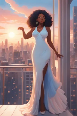 The scene opens onto a serene balcony overlooking a bustling city skyline. The sky above is painted in soft hues of blue and peach as the sun begins its descent, casting a warm glow over everything it touches. In the foreground stands a captivating figure, airbrush chibi cartoon curvy black woman exuding confidence and elegance. She is adorned in a flowing white knit maxi dress that hugs her curves in all the right places, accentuating her silhouette. Her choice of footwear is equally stunning