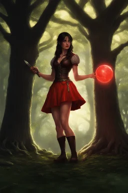 A young dark-haired witch in a red low-cut short skirt, standing under a tree, with a sword on her hip, glowing ball in her hand, photorealistic, delicate detail.