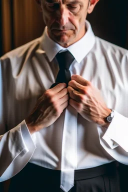 man dressed in church dress clothes opening his shirt to reveal a white t-shirt