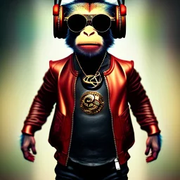 Monkey toddler, steampunk headphone, sunglass, gangsta neckless, full body, red leather jacket, tokio background, dramatic lighting, hyper realistic, unreal engine 5, 16k