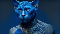 blue background, cat man, wool, fine drawing, high detail, 8K, tattoos,