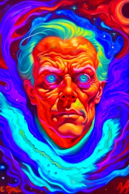 Busch painting style A big scary face covering his ears with both hands , A nightmare from light." Stars are holes in the fabric of reality, from which a blinding, painful light pours. Nebulae resemble phantasmagorical visions.
