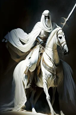 An Arab warrior holding two swords, sitting on horseback, wearing a white robe, strong, mysterious, frightening, fantasy, high quality