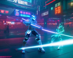 cyber samurai with cyber glowing swords, cyberpunk, full body, realistic, intricately detailed, neon lighting, vivid colors, neon, 64k