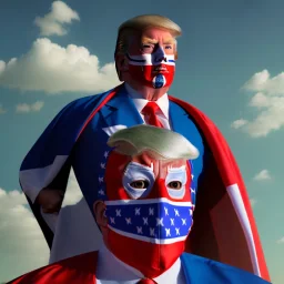 realistic image of donald trump as a mexican wrestling fighter posing outdoors, Mexican eyes wrestling mask, red and blue breeches, confederate flag cape, retro style, 80s, vibrant color, highly detailed, sky background, concept art, unreal engine 5, god rays, ray tracing, RTX, lumen lighting, ultra detail, volumetric lighting, 3d, finely drawn, high definition, high resolution.