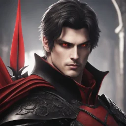 A headshot of a handsome, male villain in his late 20's, scar on one cheek, he radiates raw dark power, wearing red and black leather fantasy armor, intricately detailed, anime style, 8k resolution, medieval setting