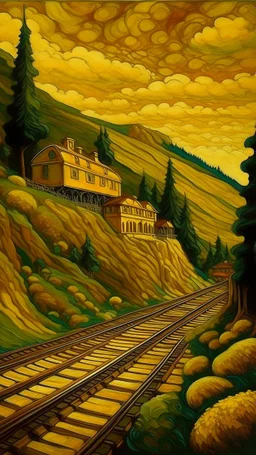 A dark golden train station on a mountain painted by Paul Ranson