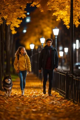 night yellow lights over the street trees autumn leaves under feet ,a Student adult girl with books in her hand walking in street looking to camera a boy walks after she few meters away her back