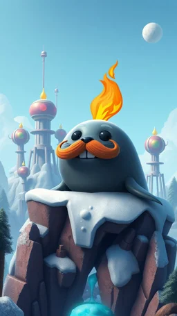 cannon ball seal with fire mustache above frozen artic jungle with weird alien towers gets torn apart under him, in the style of Pixar, expertly crafted in a whimsical and vibrant cartoon style. is masterfully rendered in a lifelike 3D design, which captivates viewers with there irresistible charm.