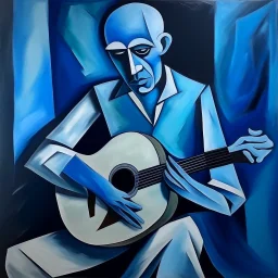 picasso man die gitaar speelt blauw realistisch geschilderd