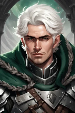 baron commander. twenty seven years old. short white hair. dressed in chaimail armor. gray clothes. dark-green cloak. purple eyes.