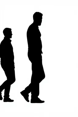 black silhouette of two adult men, one tall and muscular, walking away from the camera on solid white background