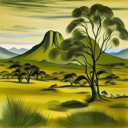 A green African landscape with Karoo trees, brushy grass, and a mountain in the background designed in African pottery painted by Pablo Picasso