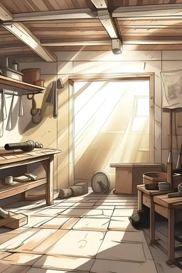 The corner of a garage, sports equipment scattered about, a beam of sunlight is cast on the wall. Hand drawn illustration.
