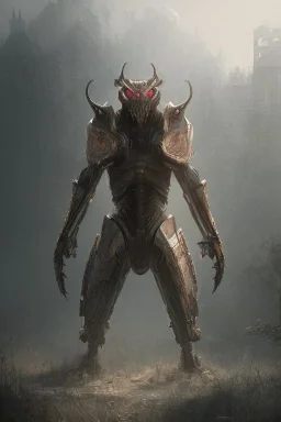 Tiefing assassin character crouching, yellow eyes, dark hair, dark armor, waist up portrait, Demonic tail, hyperrealistic, intricate details, insanely detailed, cityscape background, natural lighting
