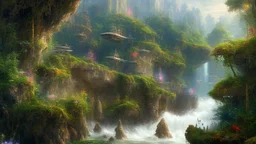 Many Spaceliners Docked At A Huge Busy Spaceportt set into The Side Of A Huge Cliff covered in plants and trees, Star Wars, Star Trek