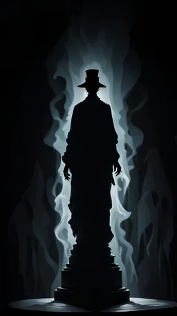 A scary silhouette of a statue in ghostly clothes stands in the center on a black background