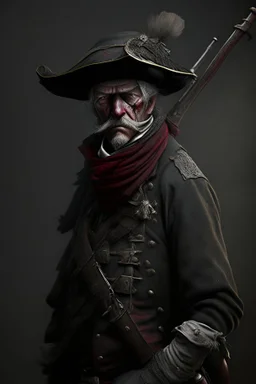 70 years old victorian bloodborne soldier with a musket, bandana and scally cap